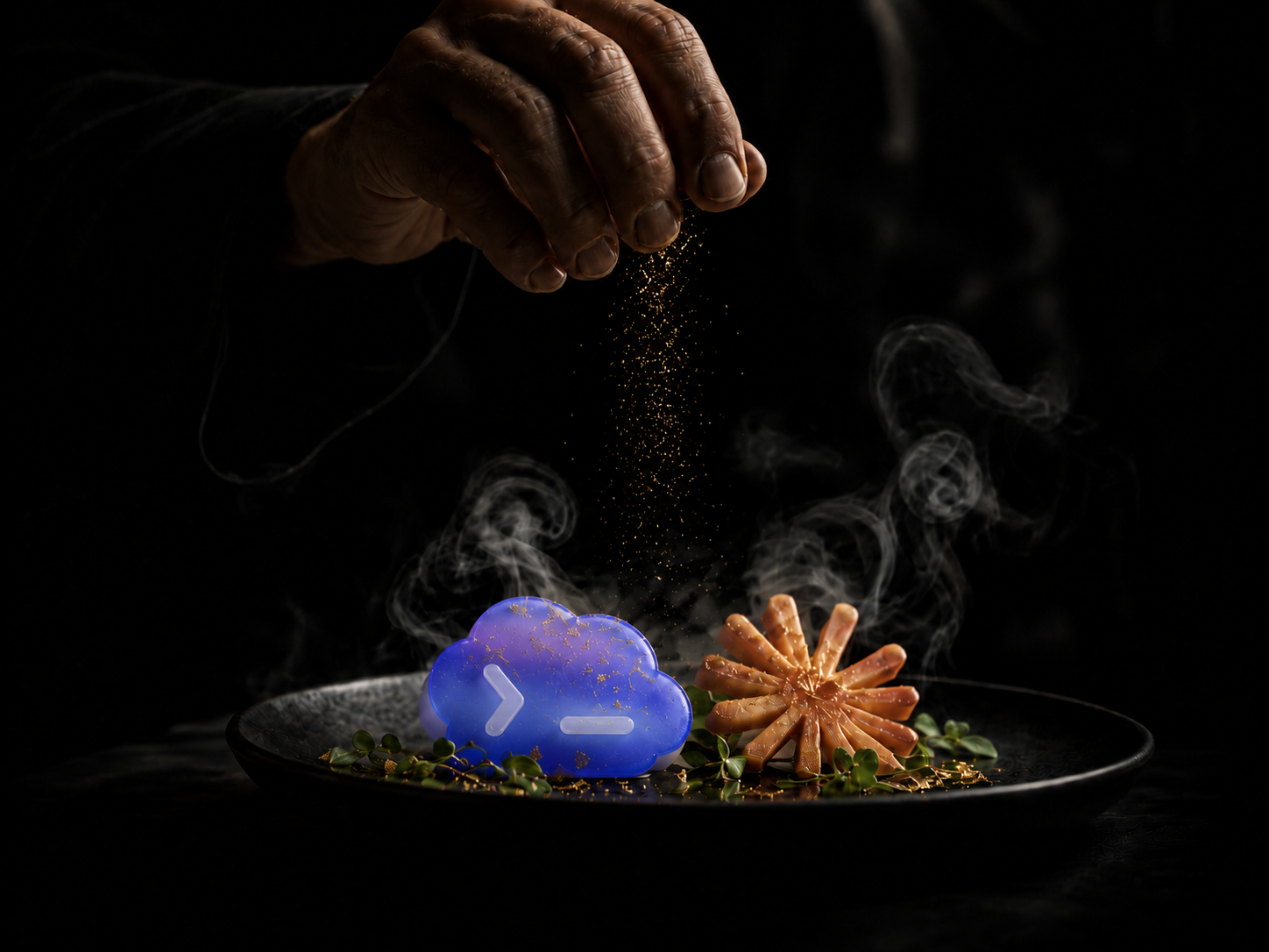 La main d'un chef assaisonne une assiette d'exception dans un nuage de vapeur.