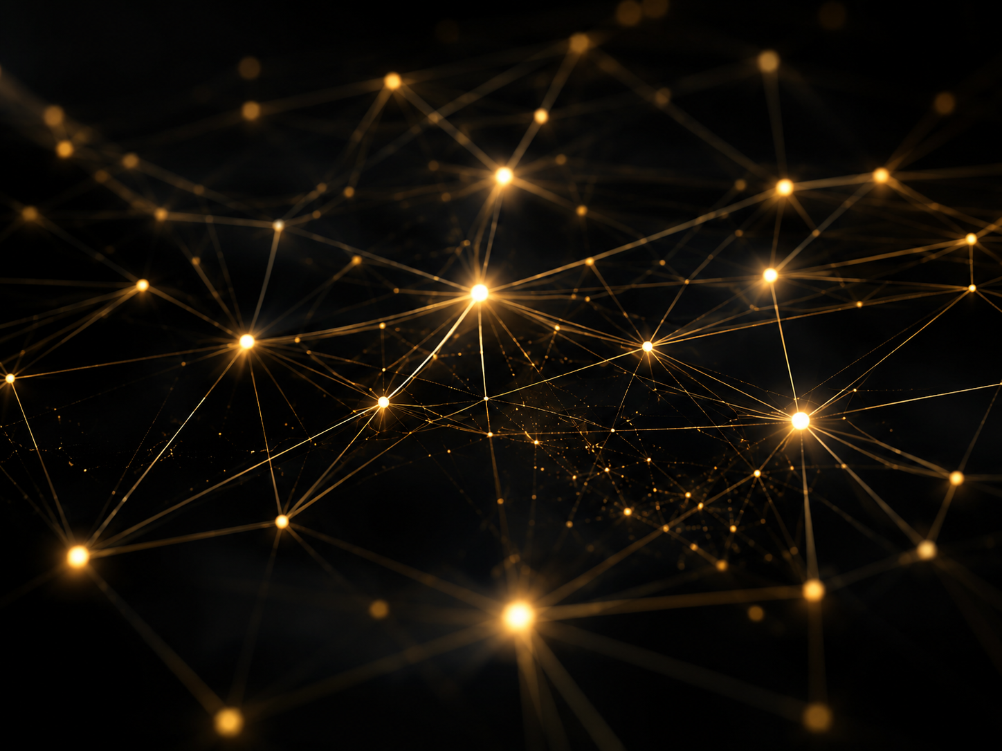 Constellation de nœuds dorés reliés entre eux, image d'un système d'agents.