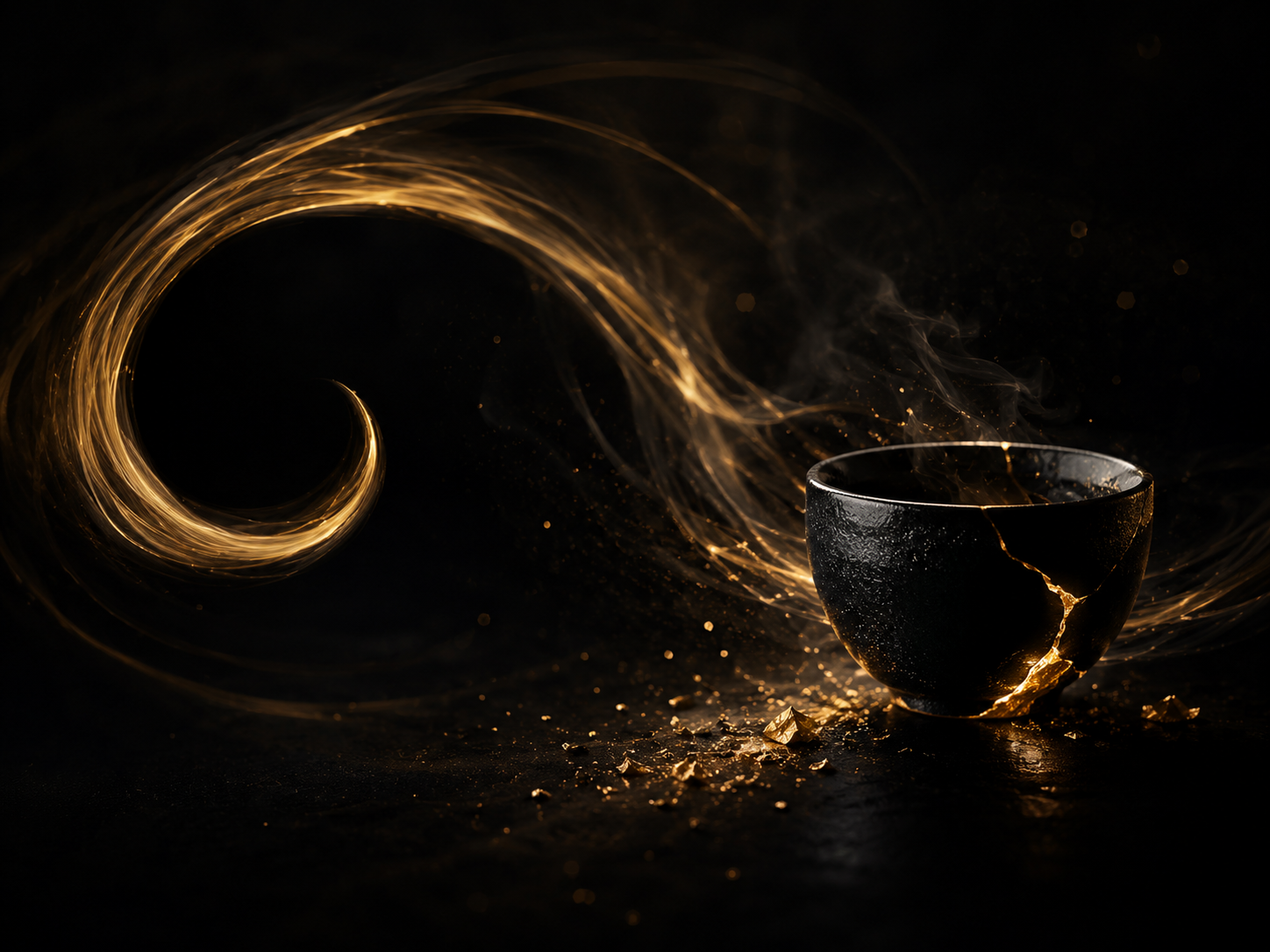 Une tasse sombre d'où s'échappe une volute d'étincelles dorées.